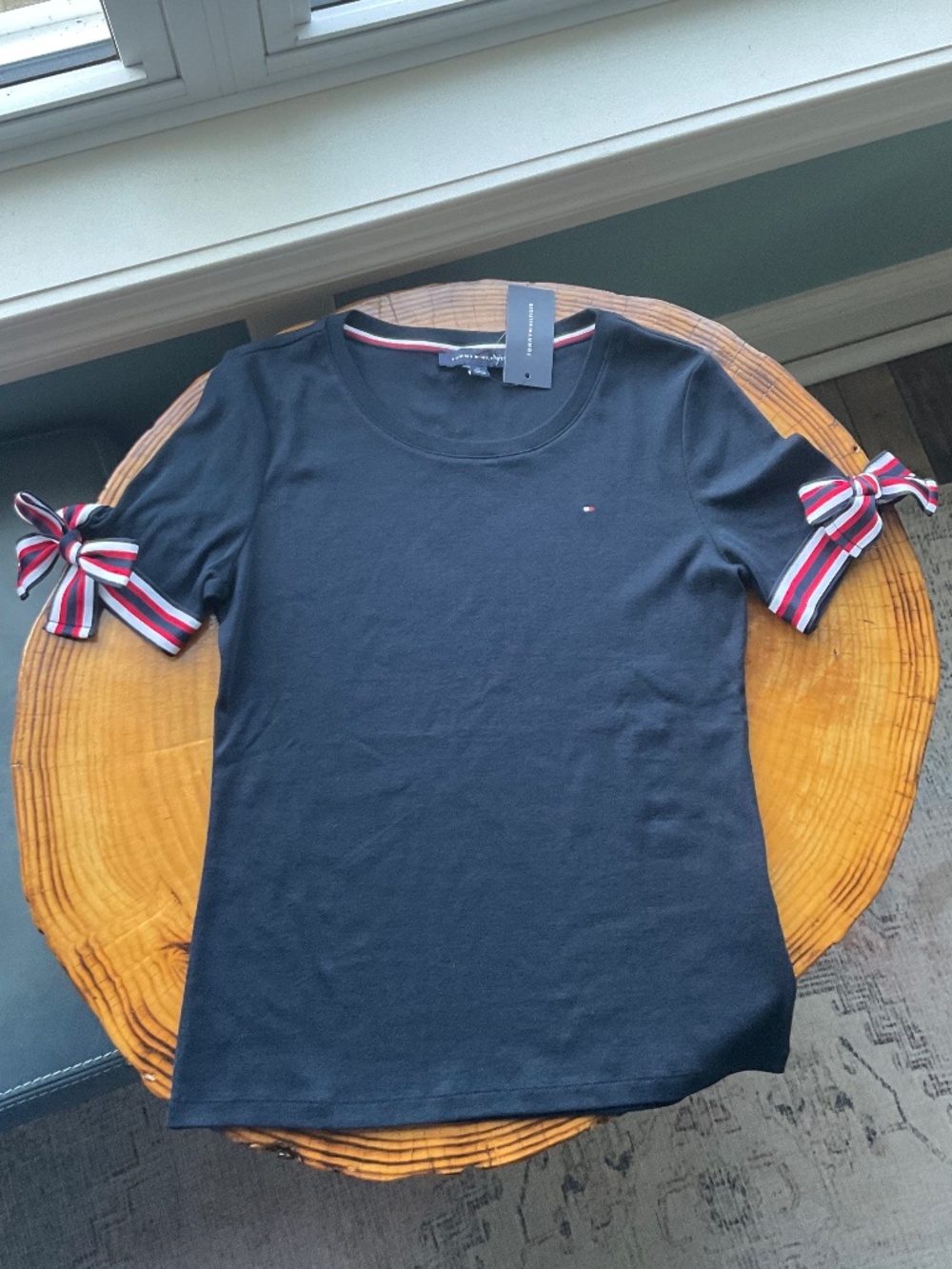 Tommy Hilfiger Navy Crew Neck Bow Sleeve Knit Cotton Tee